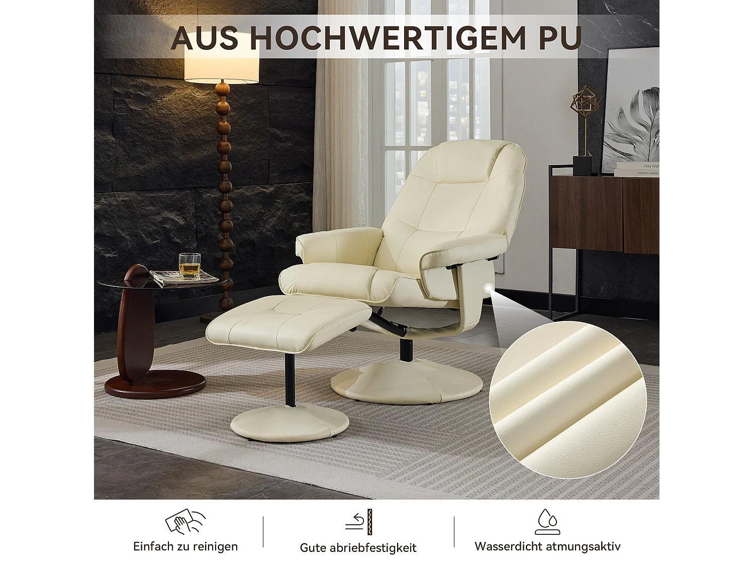 Poltrona da massaggio con poggiapiedi e chauffage, TV relax inclinabile in PU, girevole a 360°, salone e scrivania, beige