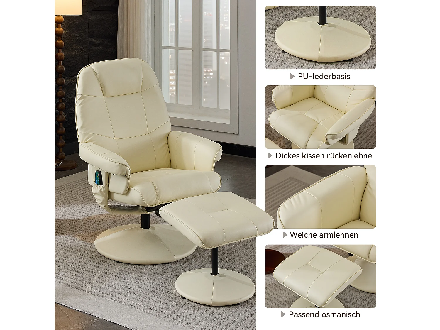 Poltrona da massaggio con poggiapiedi e chauffage, TV relax inclinabile in PU, girevole a 360°, salone e scrivania, beige