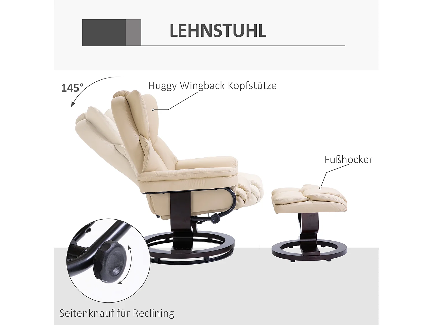 Sillón giratorio reclinable con reposapiés en piel sintética, reclinable 145°, 80x79x100 cm