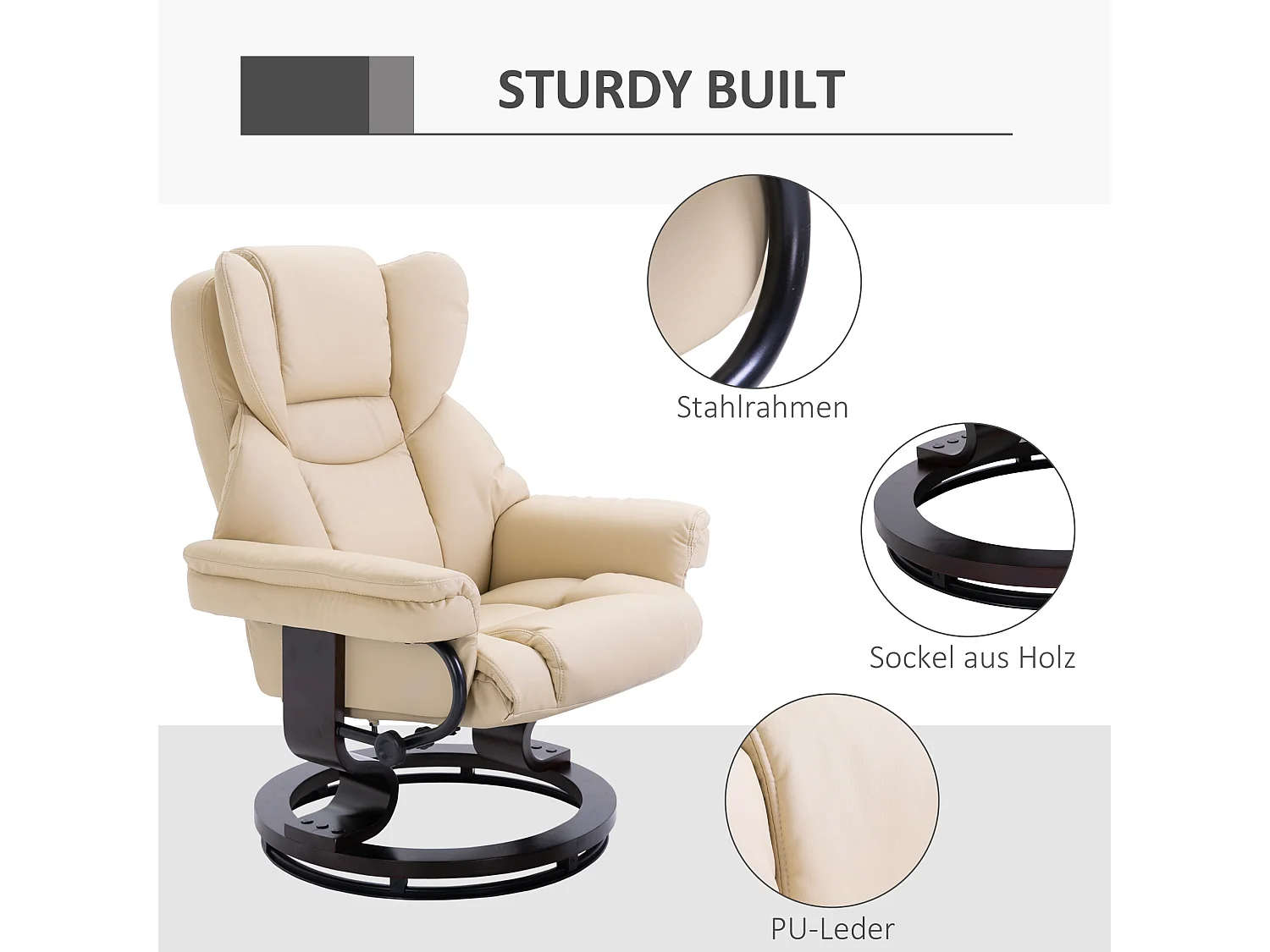 Sillón giratorio reclinable con reposapiés en piel sintética, reclinable 145°, 80x79x100 cm