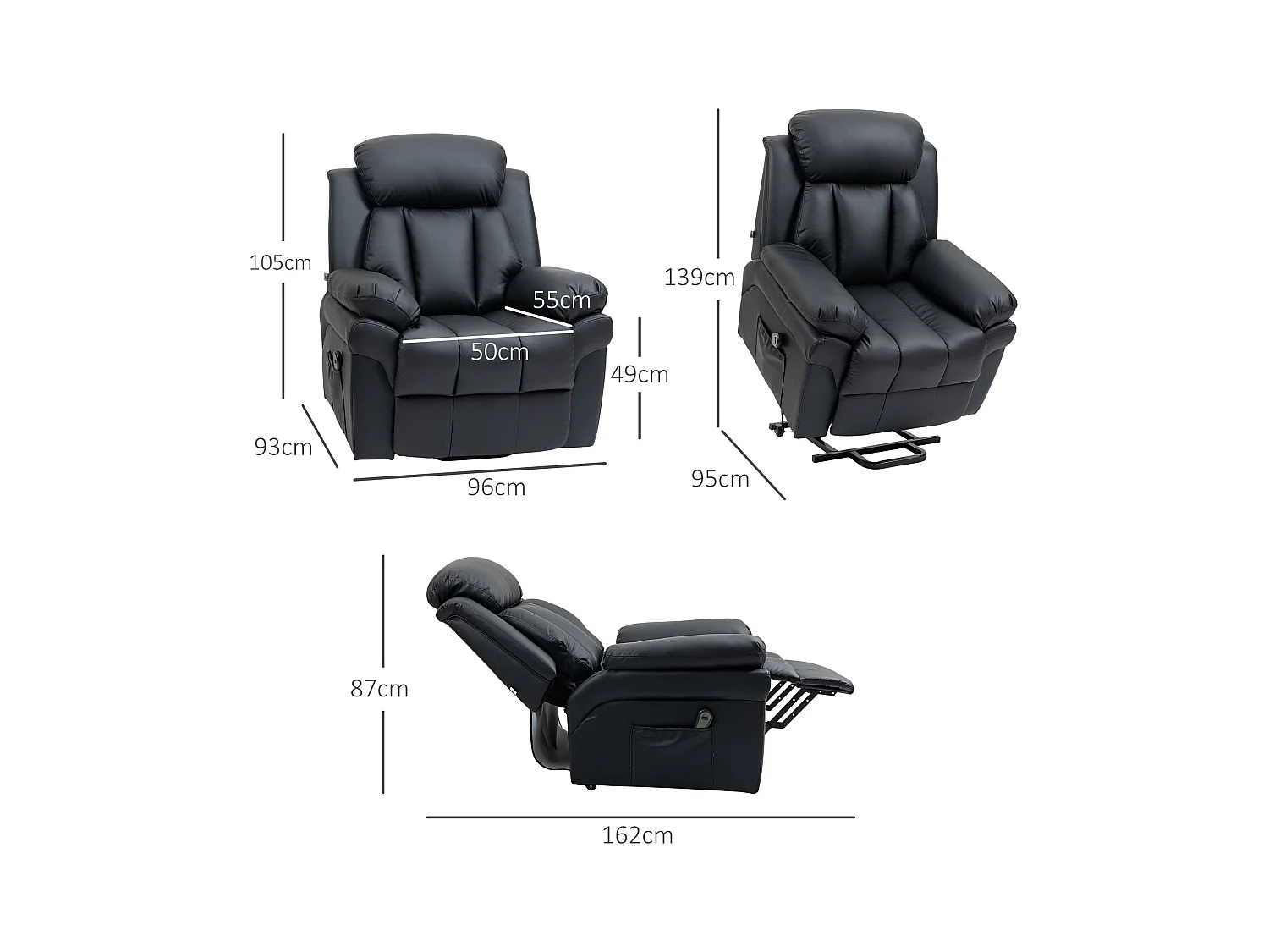 Sillón reclinable eléctrico de piel sintética negra con función elevadora