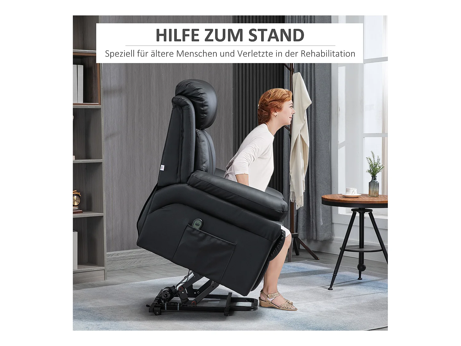 Sillón reclinable eléctrico de piel sintética negra con función elevadora