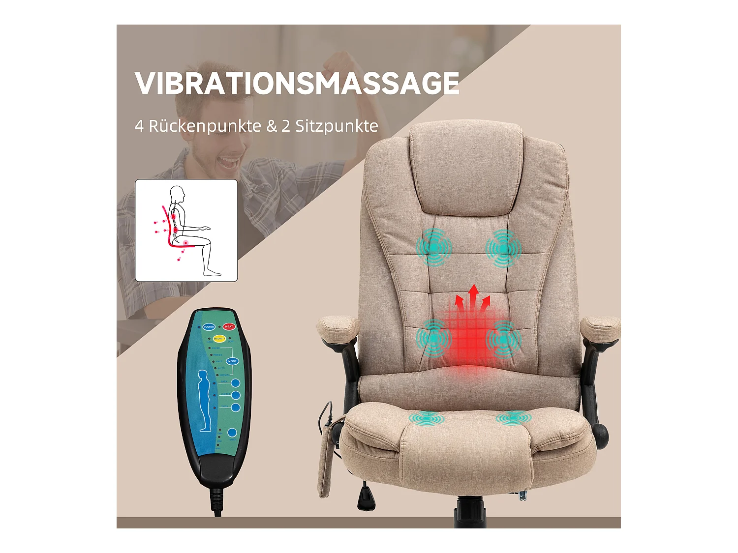 Sedia da ufficio ergonomica con massaggio e chauffage, poltrona girevole regolabile, marrone