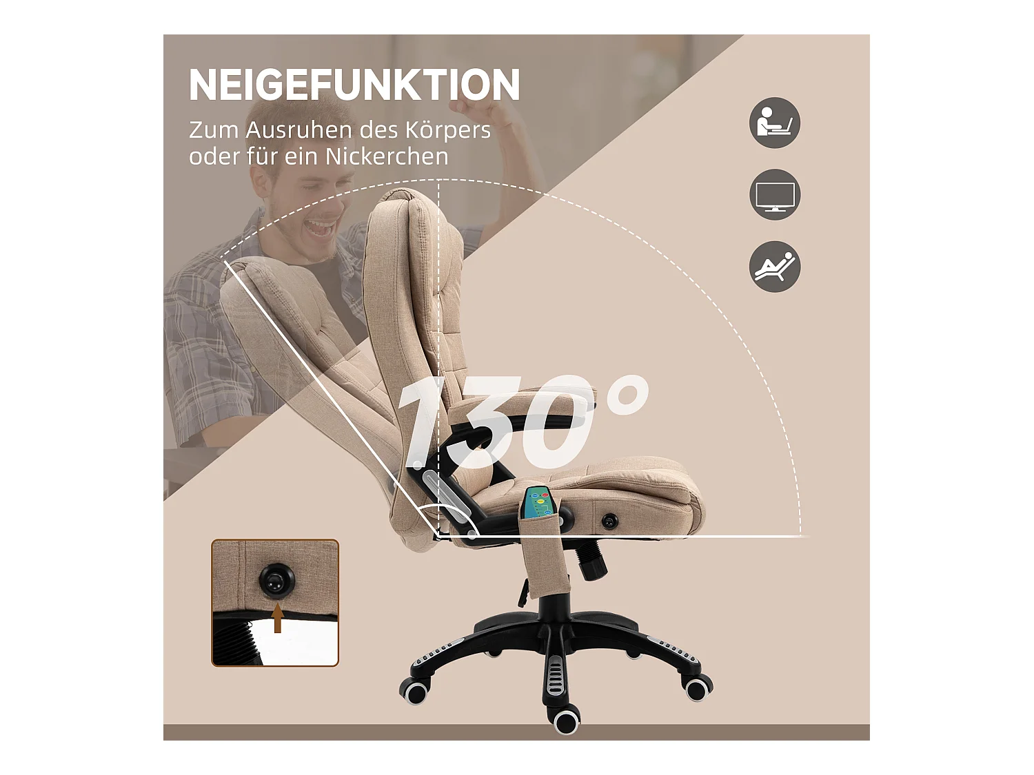 Sedia da ufficio ergonomica con massaggio e chauffage, poltrona girevole regolabile, marrone