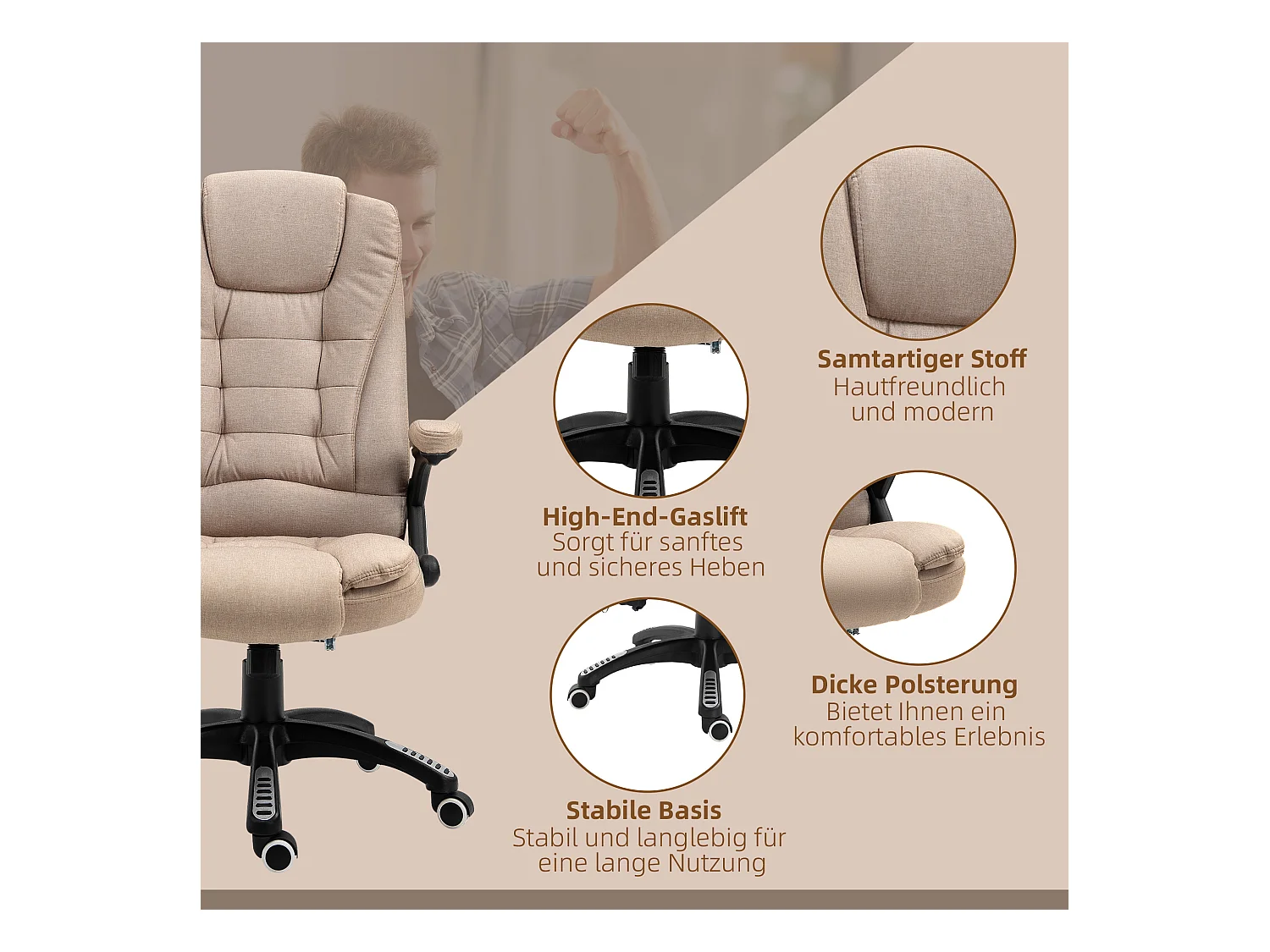 Sedia da ufficio ergonomica con massaggio e chauffage, poltrona girevole regolabile, marrone