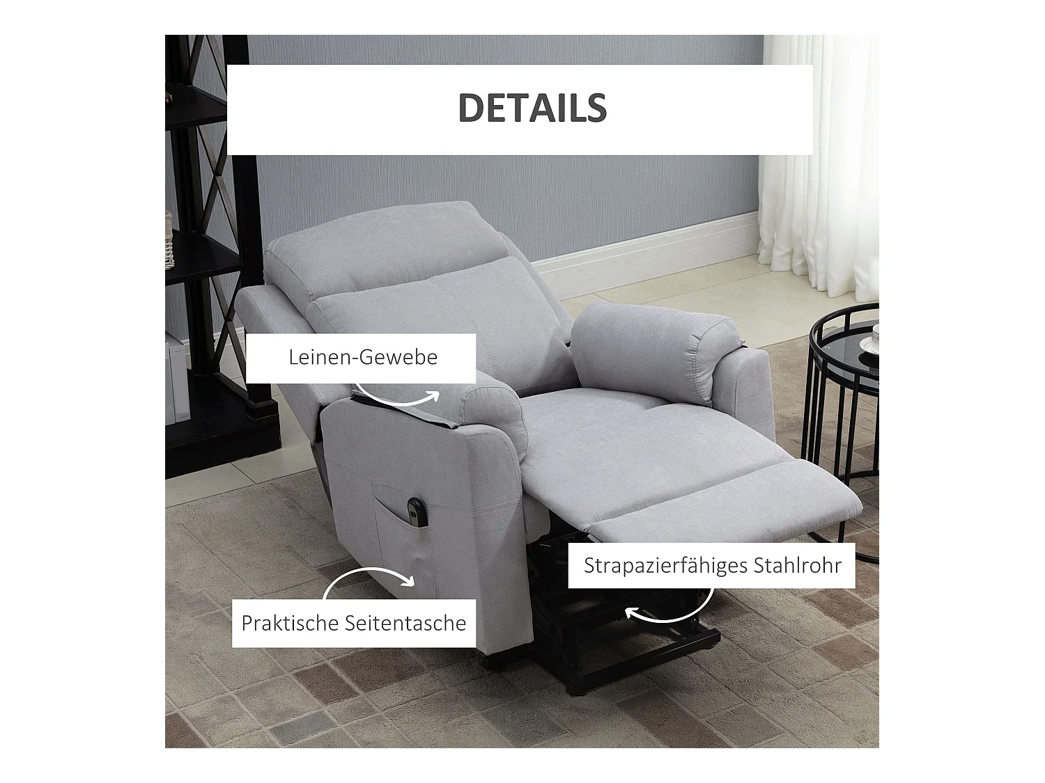 Sillón elevador eléctrico de lino reclinable 160° con reposapiés 83x89x102cm