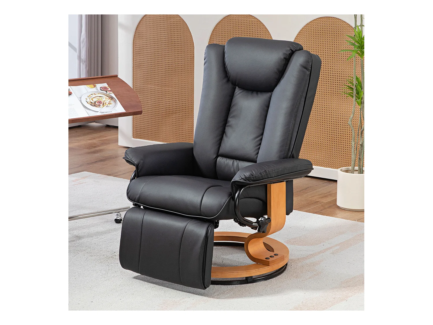 Fauteuil relax pivotant en simili cuir avec repose-pieds et dossier inclinable, noir