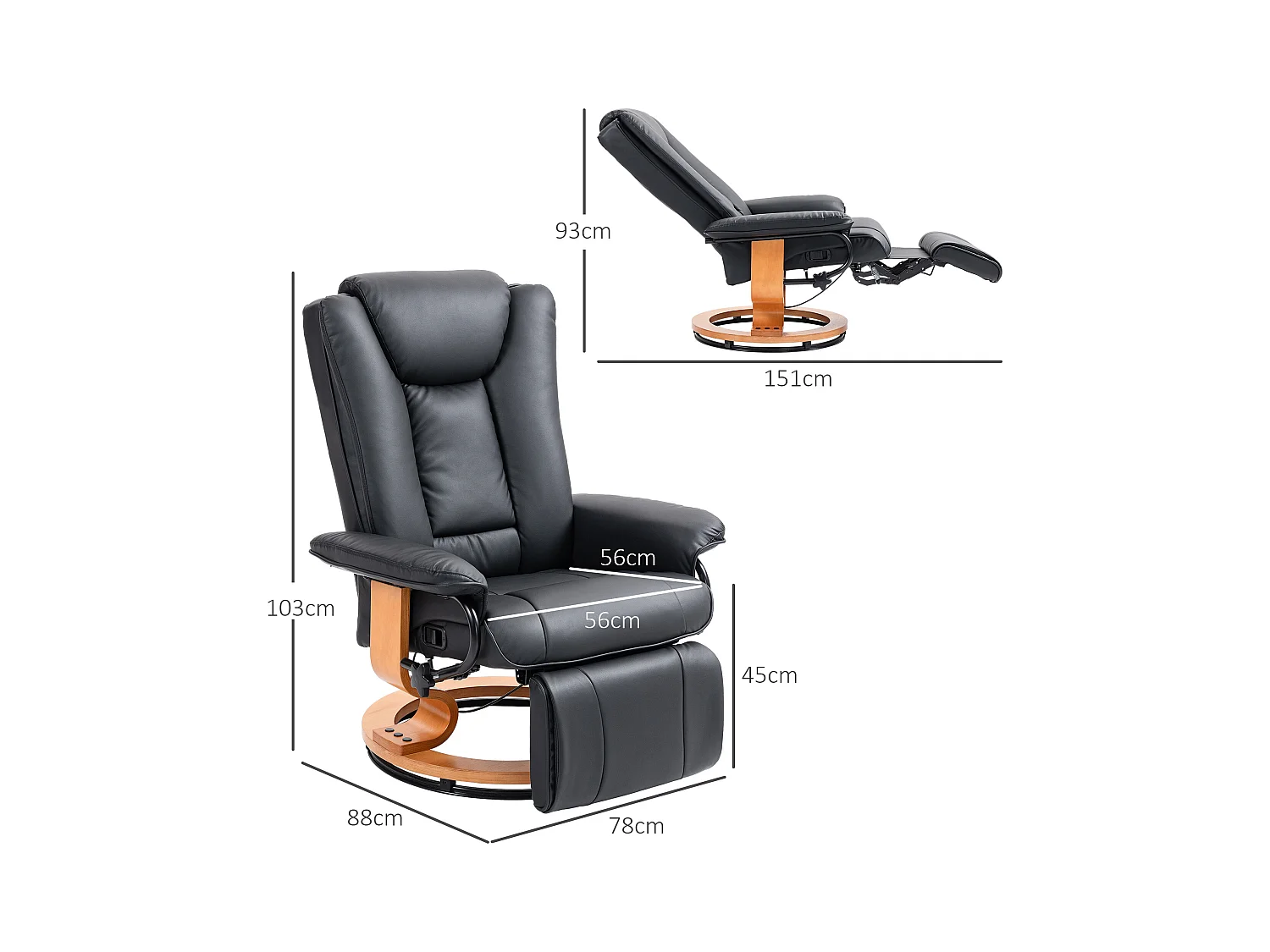 Fauteuil relax pivotant en simili cuir avec repose-pieds et dossier inclinable, noir