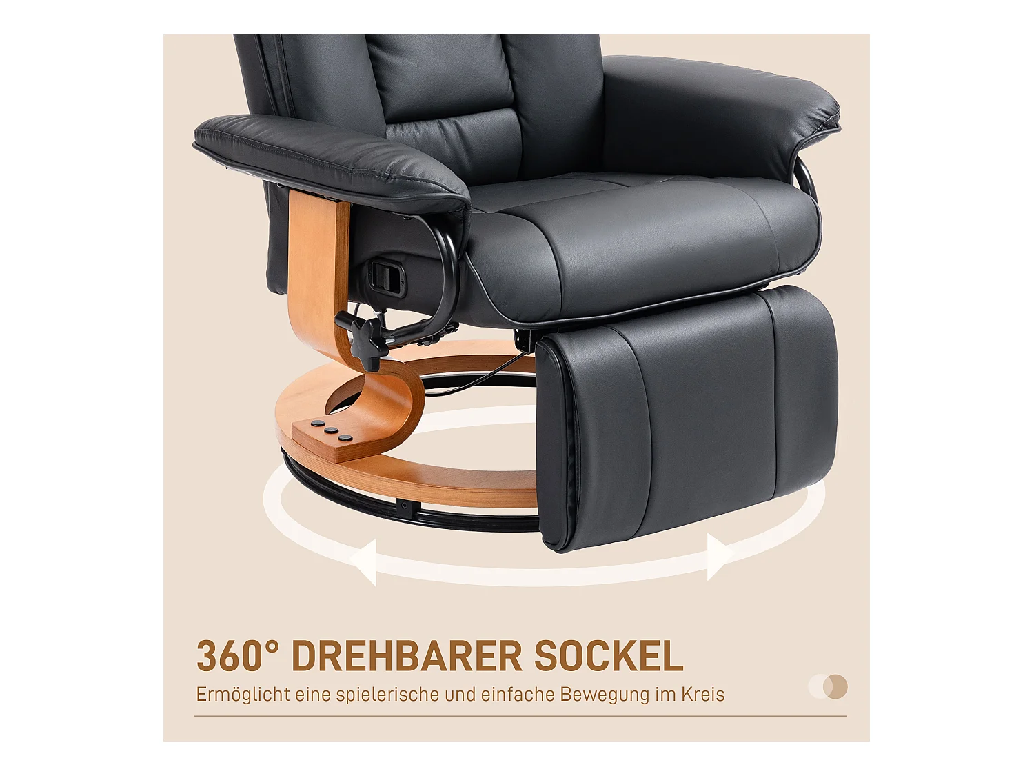 Sillón giratorio reclinable de piel sintética con reposapiés y respaldo reclinable, color negro