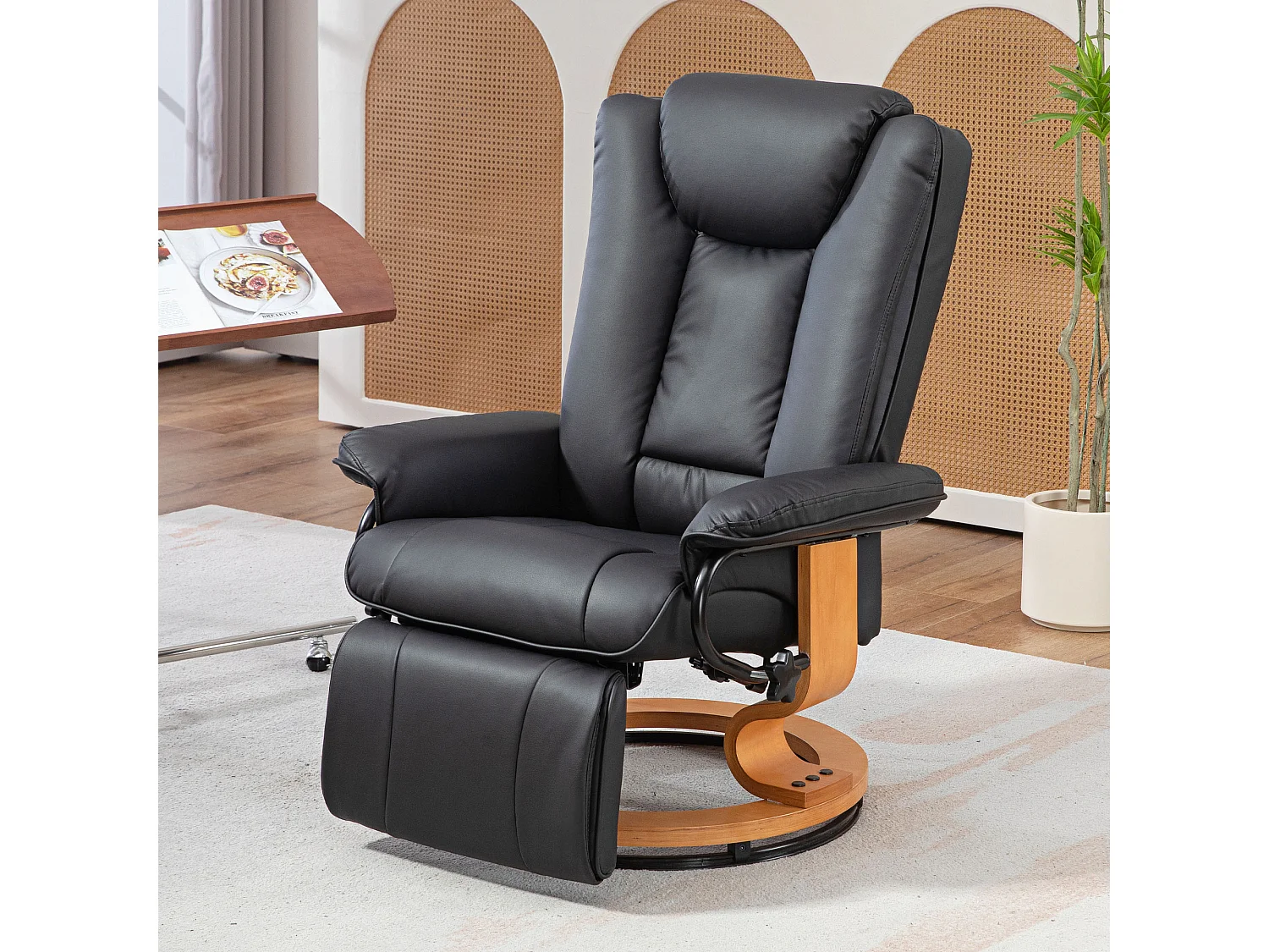 Sillón giratorio reclinable de piel sintética con reposapiés y respaldo reclinable, color negro