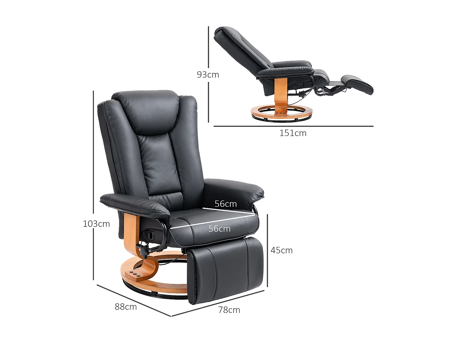 Sillón giratorio reclinable de piel sintética con reposapiés y respaldo reclinable, color negro