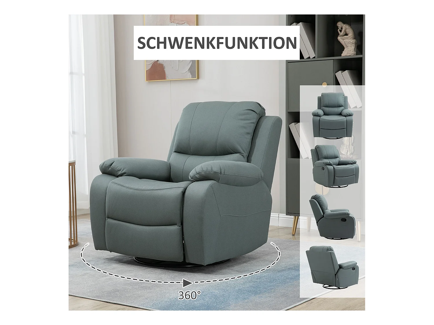 Sillón giratorio de TV de poliéster, inclinación de 135°, con reposapiés, 93x100x98cm, verde