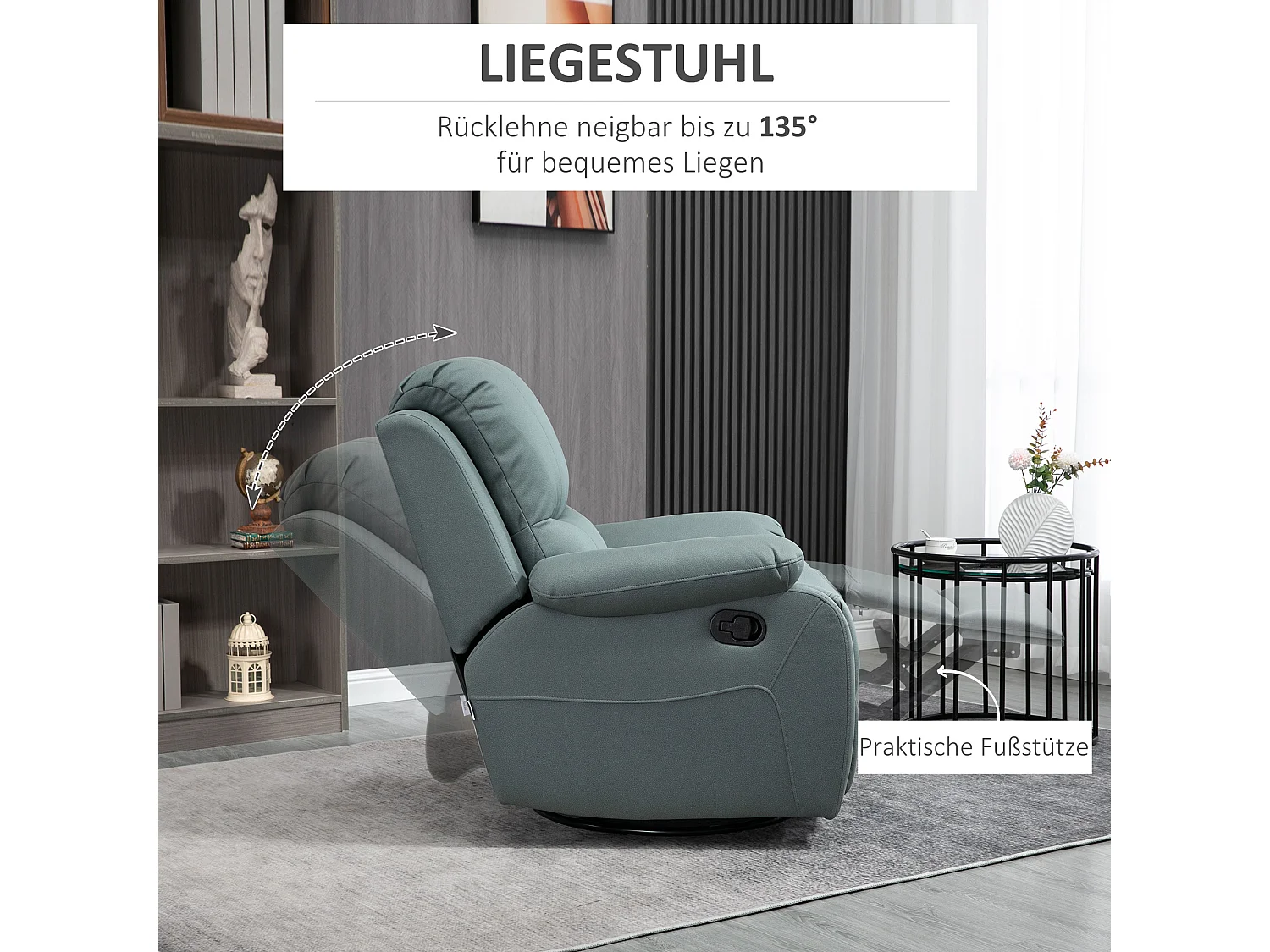 Fauteuil TV girevole poliestere inclinabile 135° con poggiapiedi 93x100x98cm verde