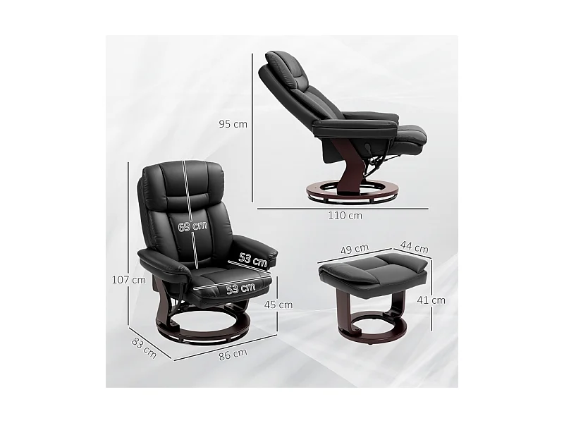 Sillón relajante con reposapiés de piel sintética, soporte para TV giratorio 360°, color negro