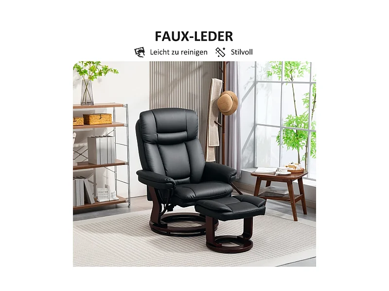 Fauteuil Relax con Hocker en Simili-Cuir, TV-Sessel 360° Pivotant avec Repose-Pieds pour Salon, Noir