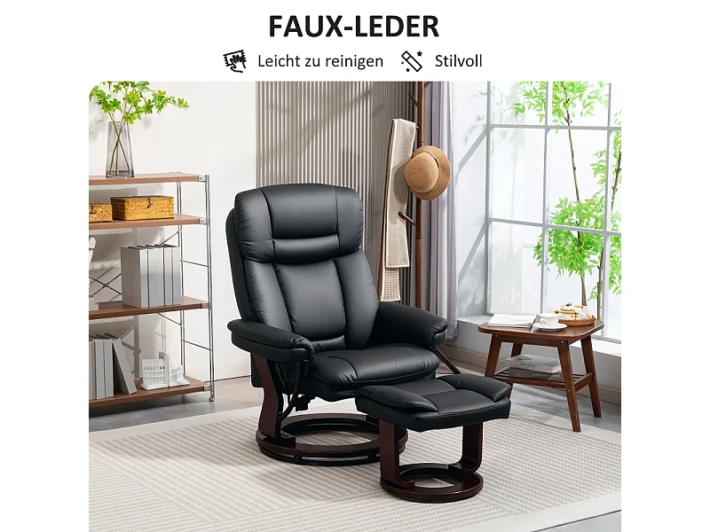 Sillón relajante con reposapiés de piel sintética, soporte para TV giratorio 360°, color negro