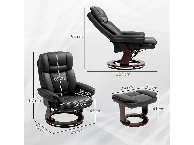 Sillón relajante con reposapiés de piel sintética, soporte para TV giratorio 360°, color negro