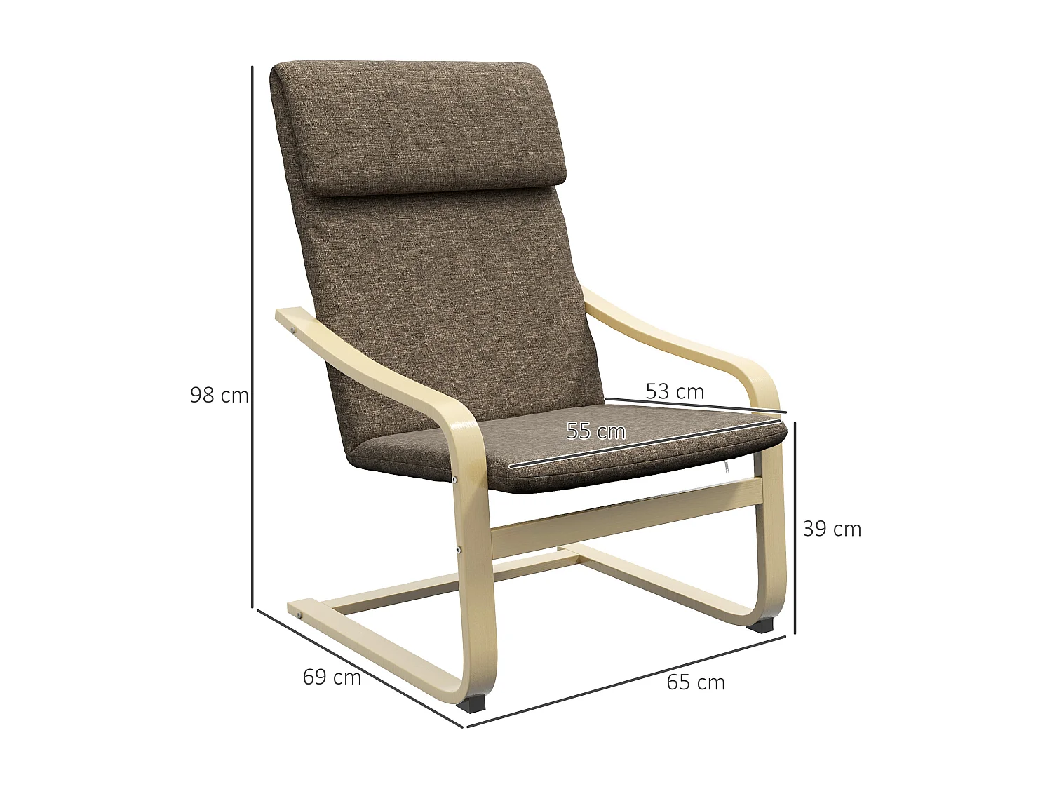 Sillón reclinable de lino con cojín de madera de abedul marrón, 120 kg