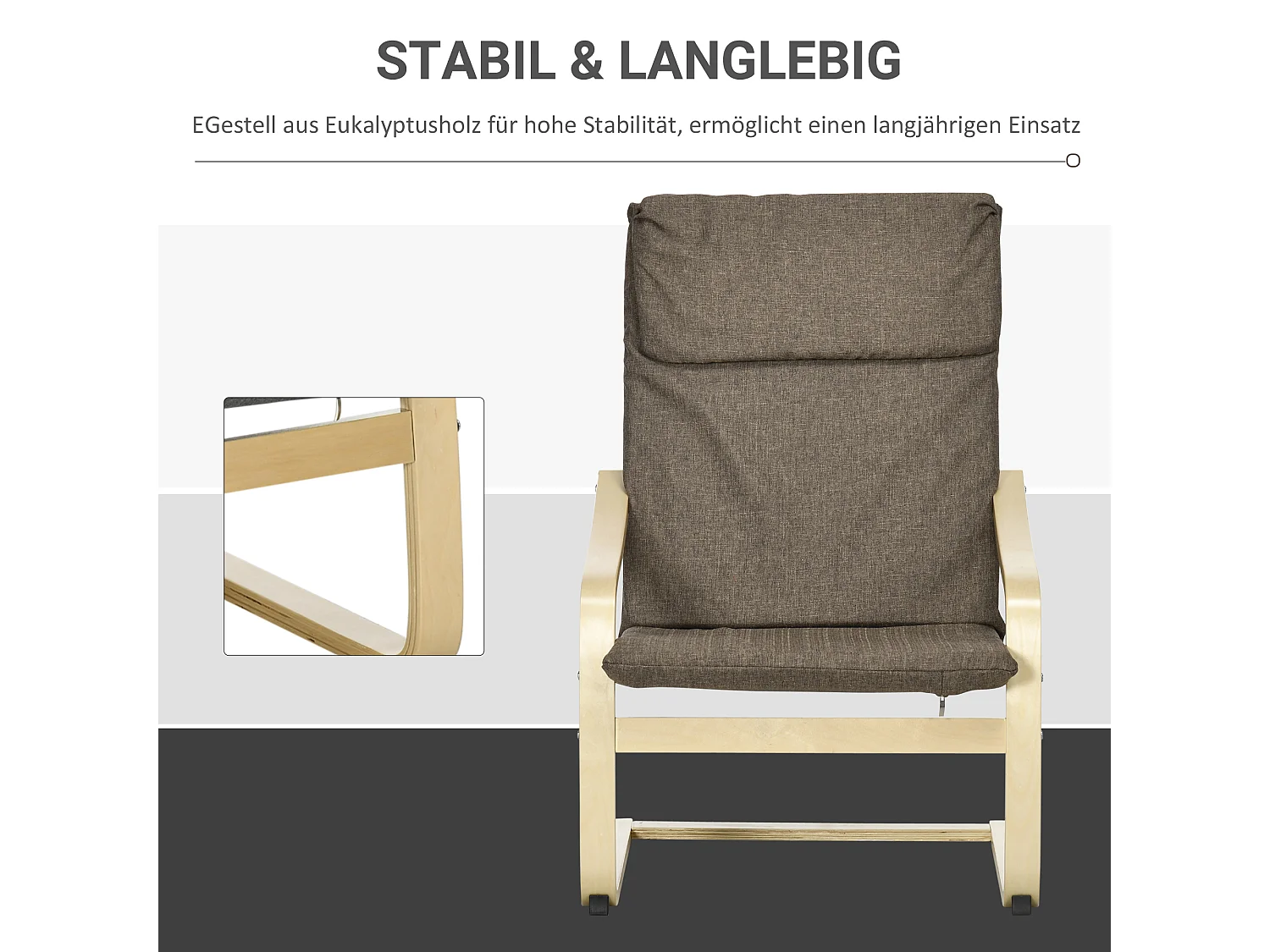 Sillón reclinable de lino con cojín de madera de abedul marrón, 120 kg