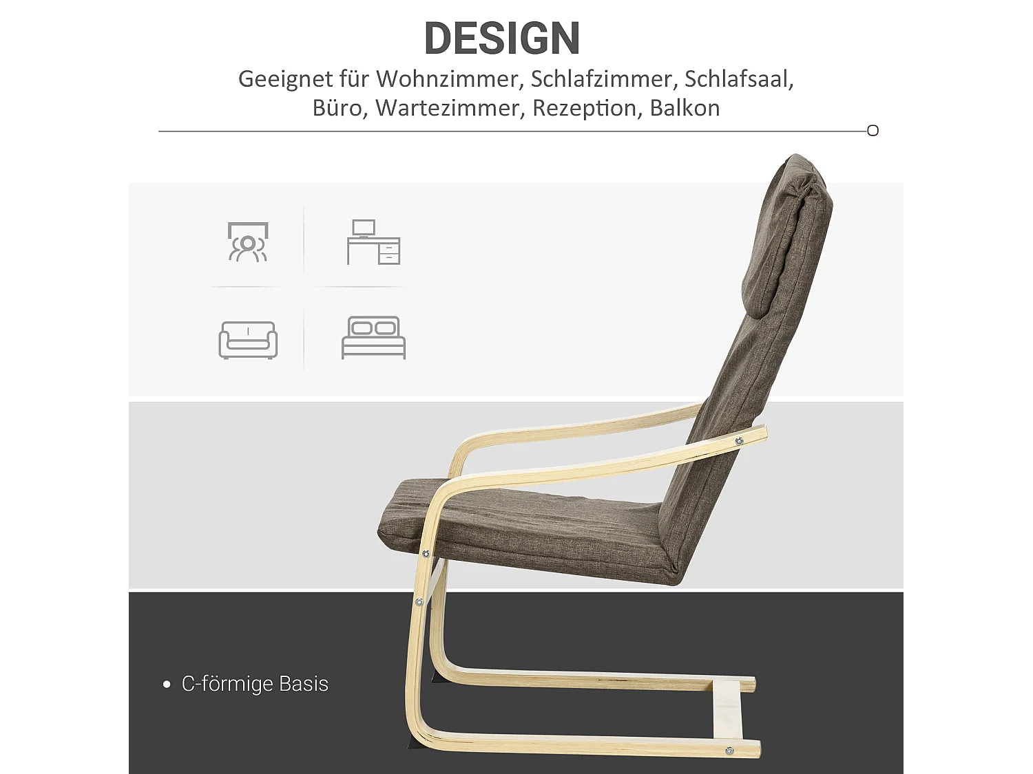 Sillón reclinable de lino con cojín de madera de abedul marrón, 120 kg