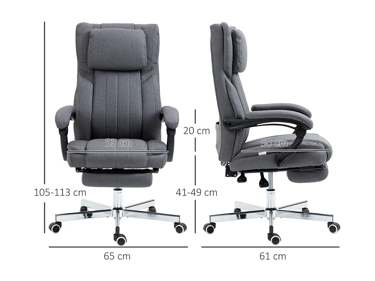 Chaise de Bureau ergonomica con massaggio, funzione relax, alta regolazione, riposo-pieds, grigio