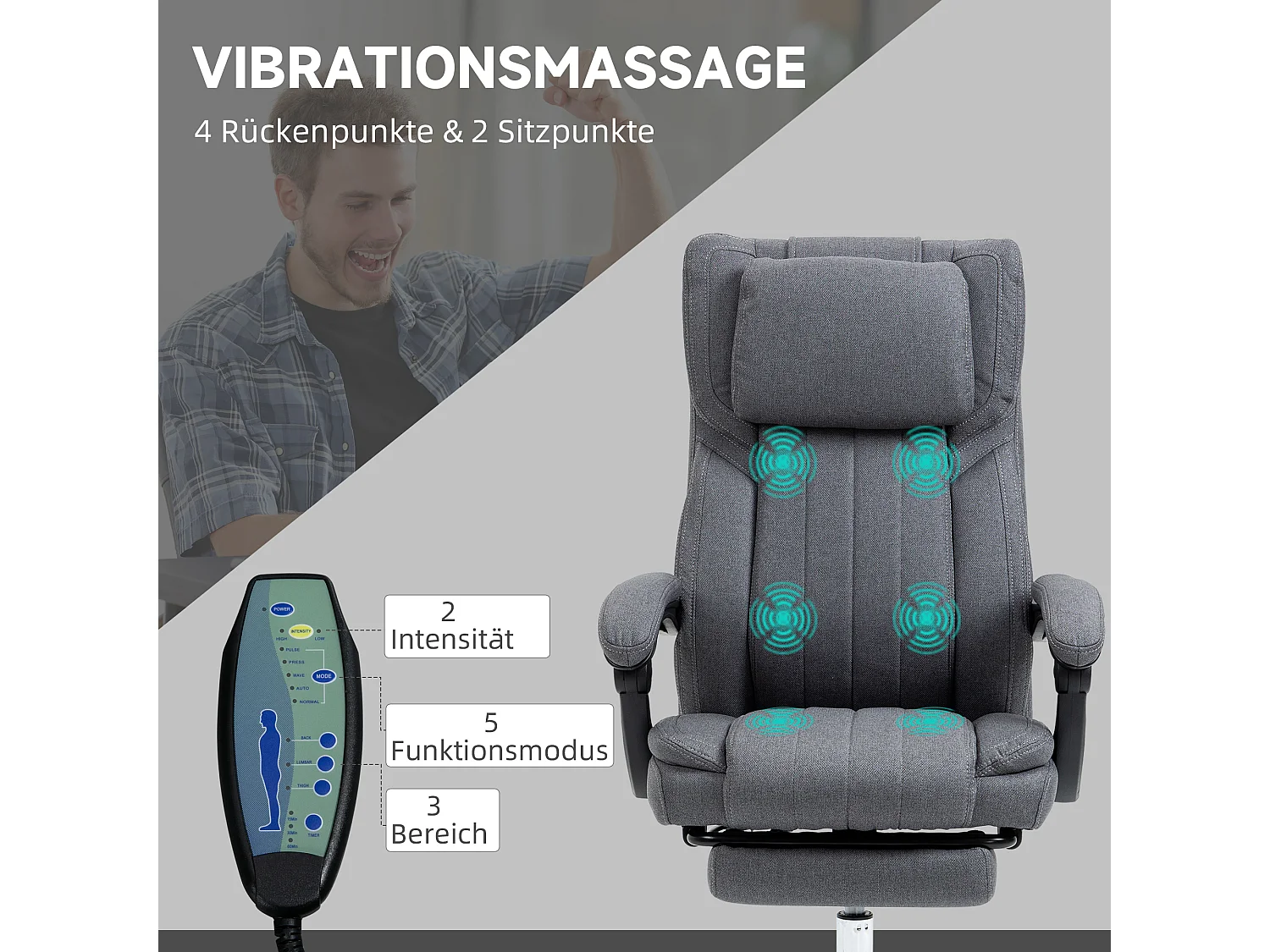 Chaise de Bureau ergonomica con massaggio, funzione relax, alta regolazione, riposo-pieds, grigio