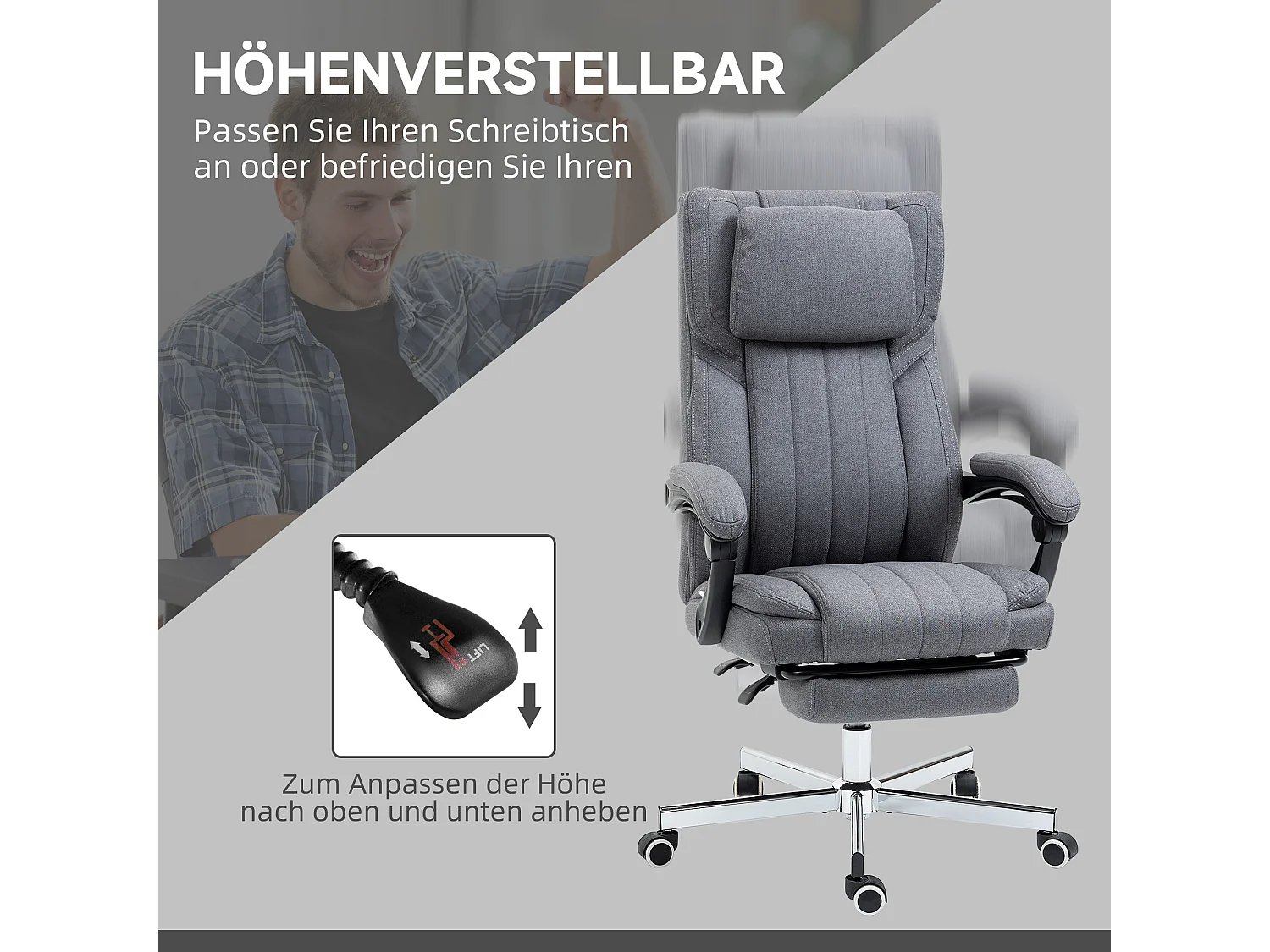 Chaise de Bureau ergonomica con massaggio, funzione relax, alta regolazione, riposo-pieds, grigio