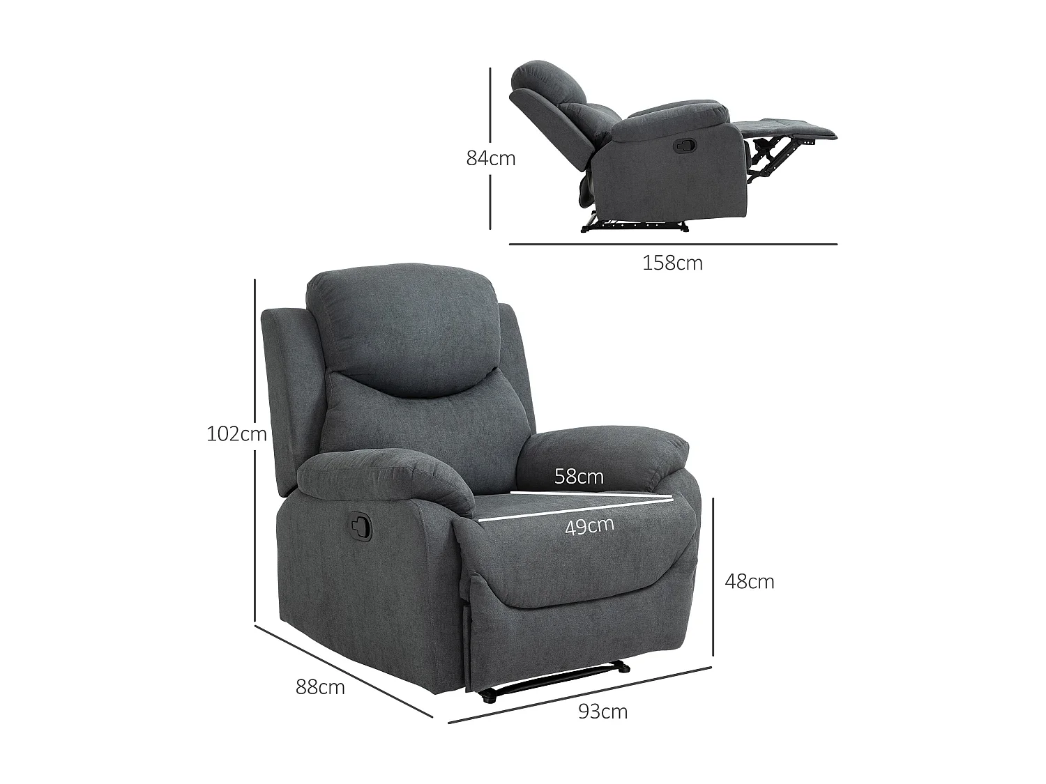 Fauteuil relax inclinabile 150° con assise lin, grigio foncé pour salon