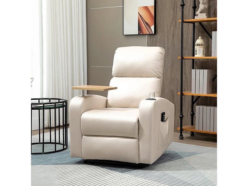 Sillón de masaje eléctrico de microfibra con respaldo reclinable y mesa giratoria, color beige
