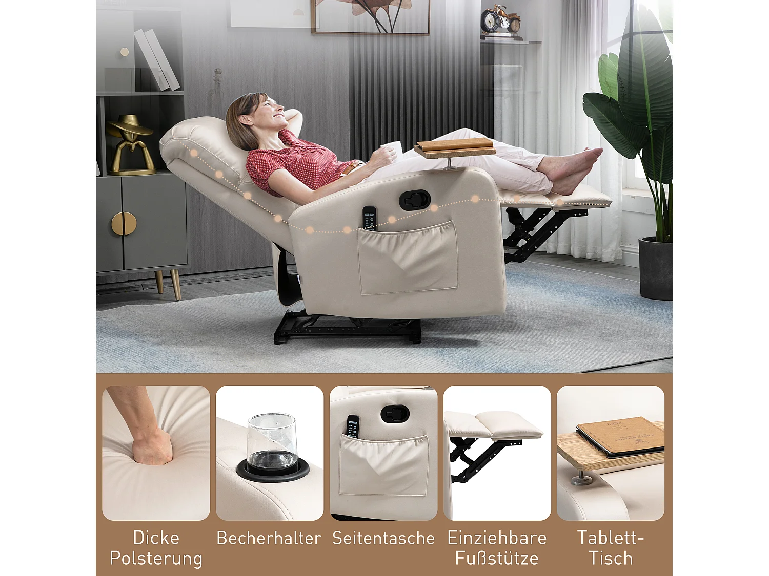 Poltrona de massagem elétrica de microfibra com encosto reclinável e mesa giratória, bege