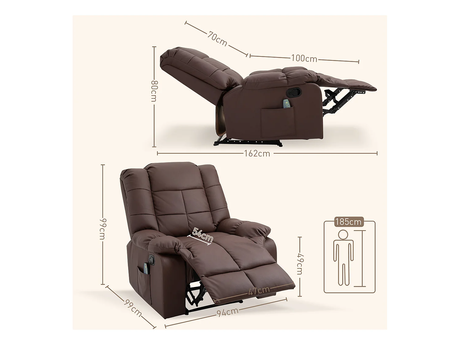 Sillón relax eléctrico reclinable 165° en ecopiel con masaje y mando a distancia marrón 94x99x99 cm