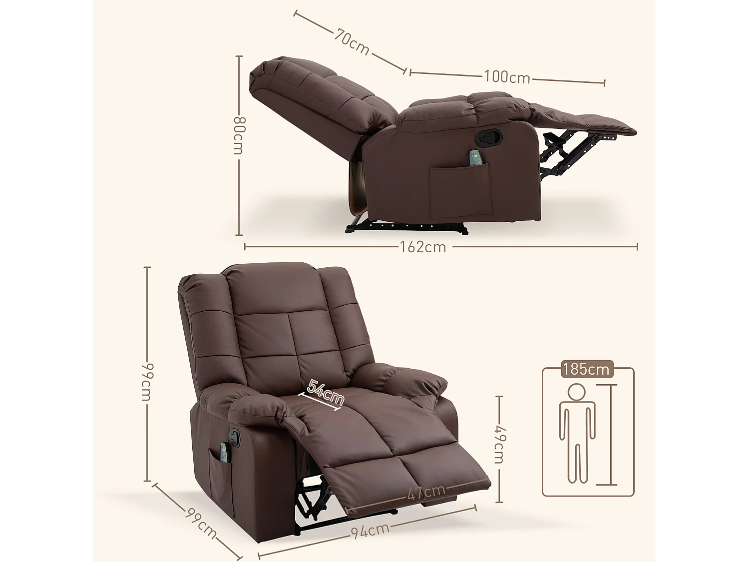 Poltrona elétrica de relaxamento reclinável 165° em couro sintético com massagem e controle remoto marrom 94x99x99 cm