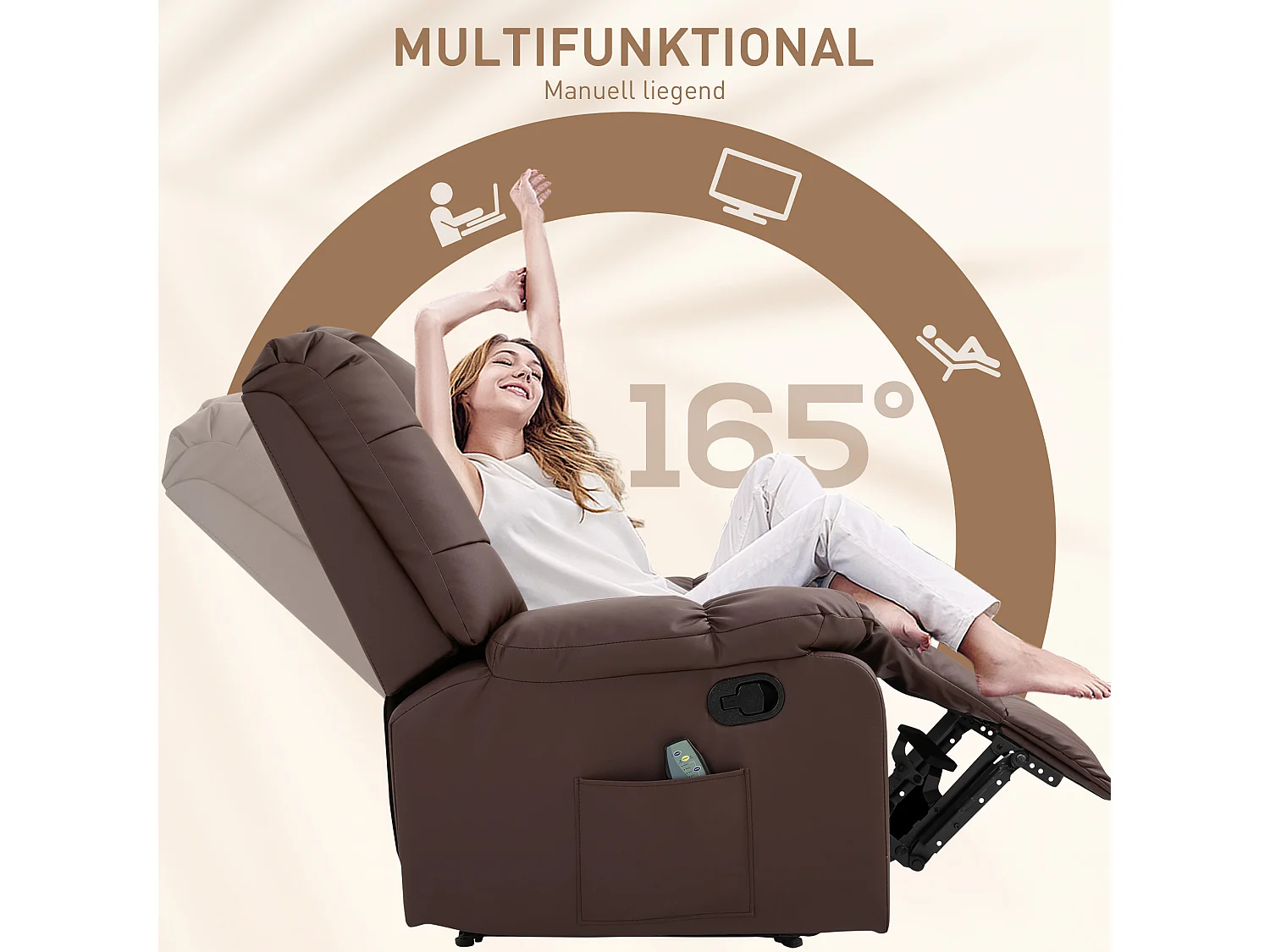 Poltrona elétrica de relaxamento reclinável 165° em couro sintético com massagem e controle remoto marrom 94x99x99 cm