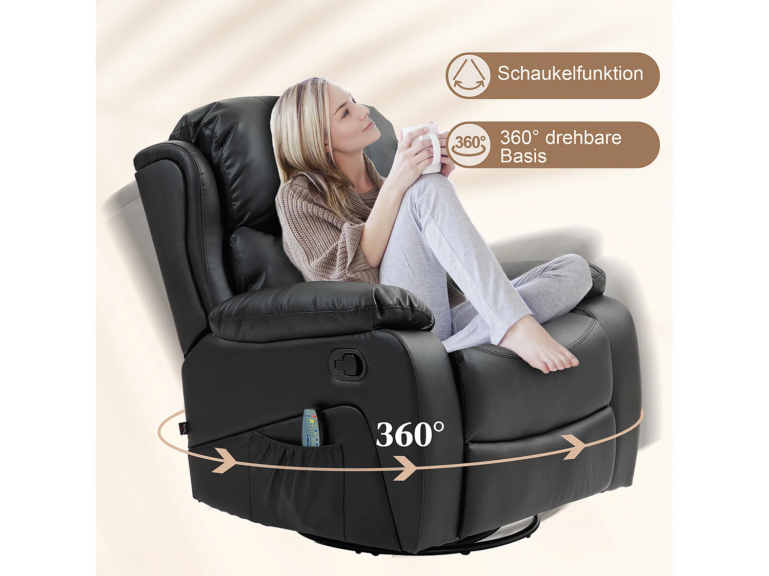 Sillón de masaje eléctrico reclinable de piel sintética, reclinable a 168° con calefacción, 97 x 92 x 104 cm