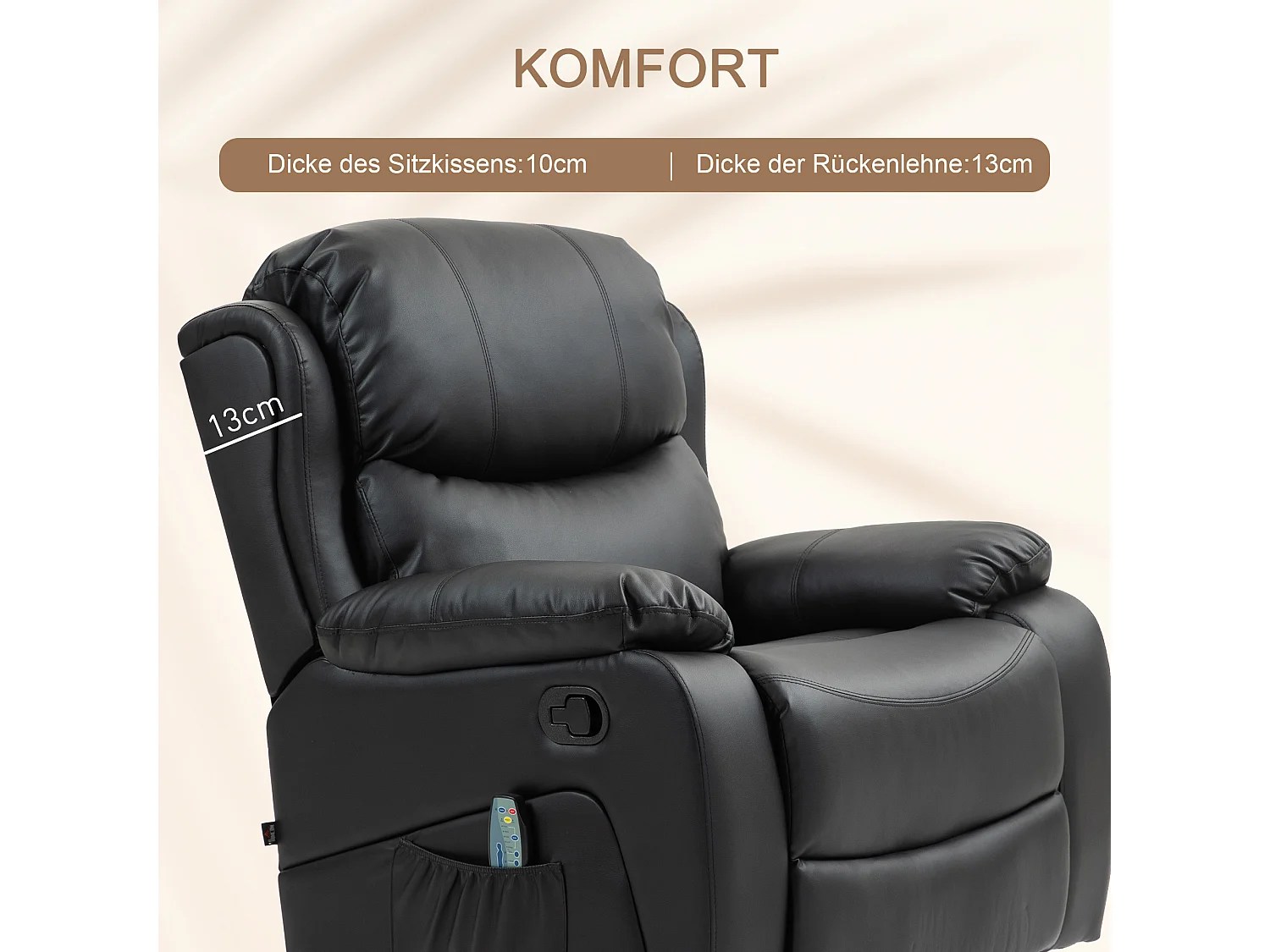 Sillón de masaje eléctrico reclinable de piel sintética, reclinable a 168° con calefacción, 97 x 92 x 104 cm