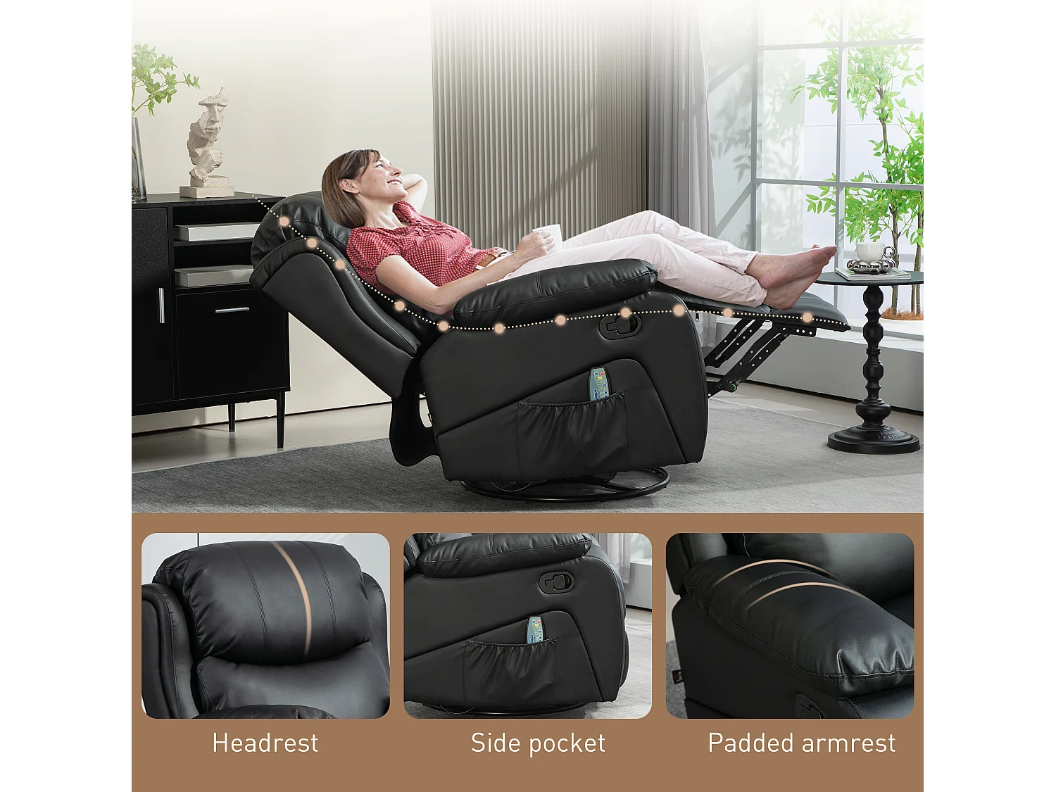 Sillón de masaje eléctrico reclinable de piel sintética, reclinable a 168° con calefacción, 97 x 92 x 104 cm