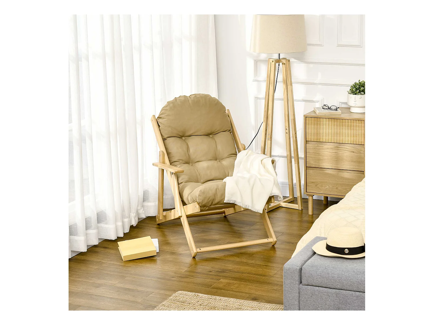 Sillón relax plegable lino madera de haya 71x89x96 cm salón marrón