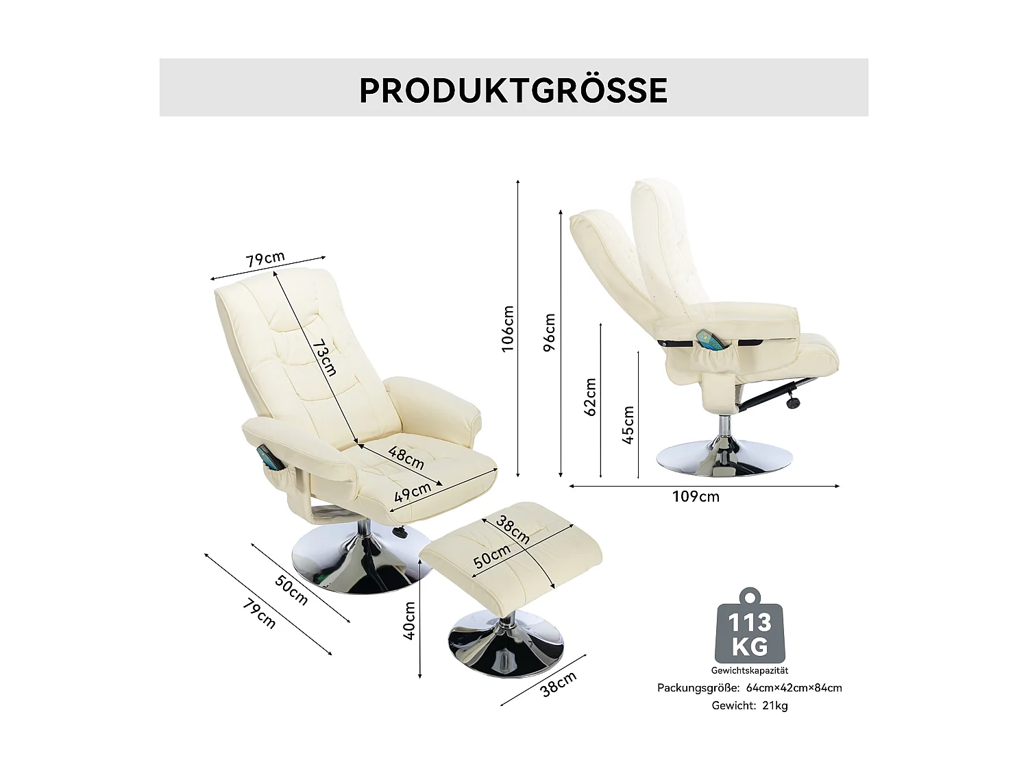 Fauteuil massaggio PU avec repose-pieds 5 punti pour salon chambre beige