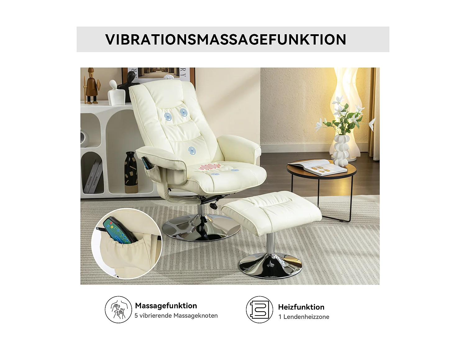 Fauteuil massaggio PU avec repose-pieds 5 punti pour salon chambre beige