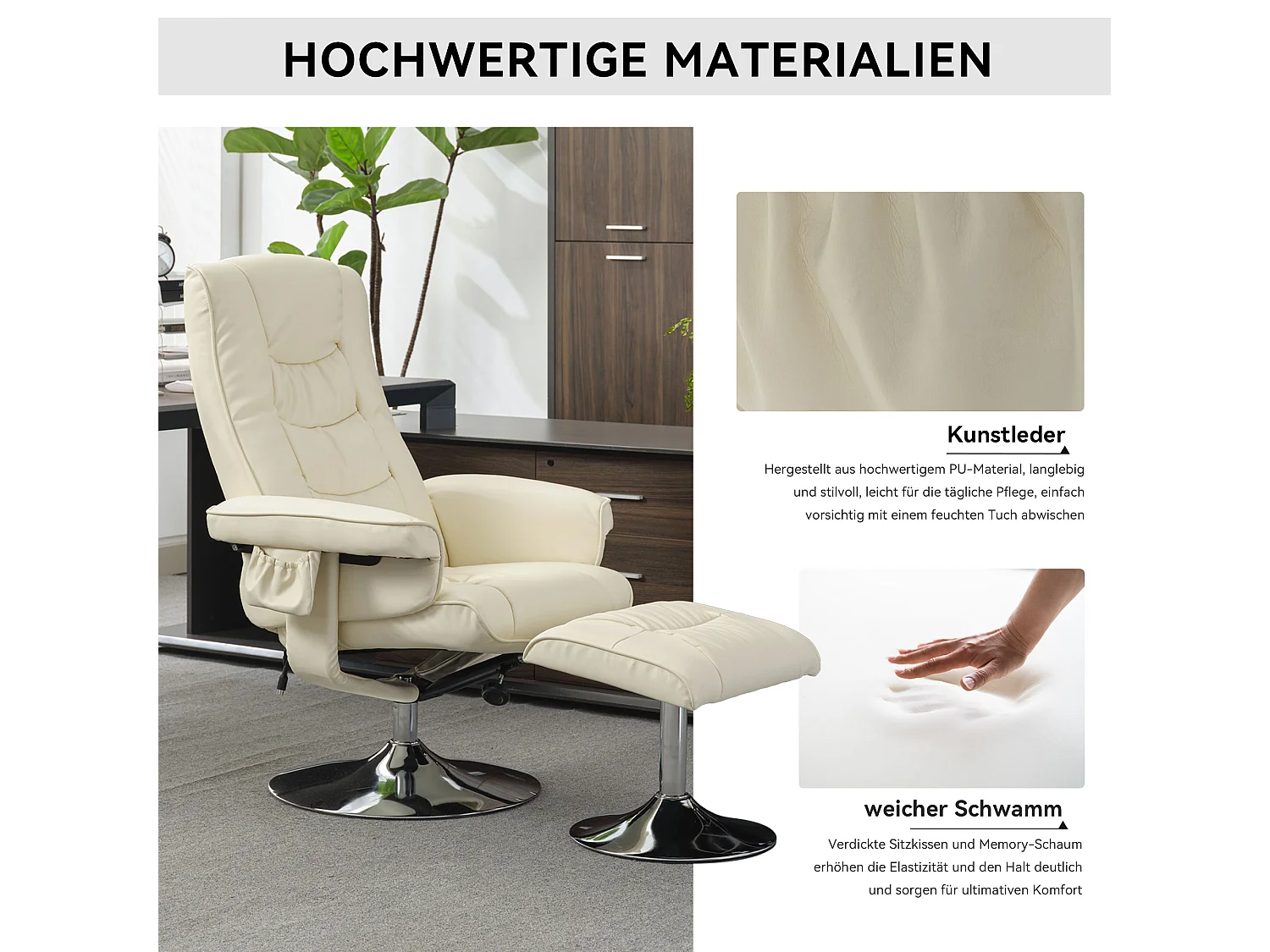 Fauteuil massaggio PU avec repose-pieds 5 punti pour salon chambre beige