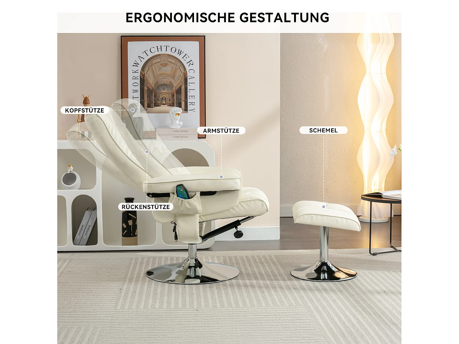 Fauteuil massaggio PU avec repose-pieds 5 punti pour salon chambre beige