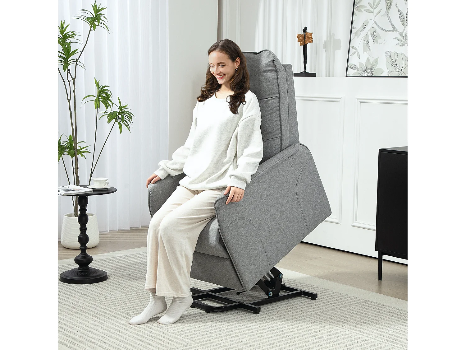 Fauteuil TV électrique gris avec releveur, inclinabile 150°, tessuto lino, 150 kg