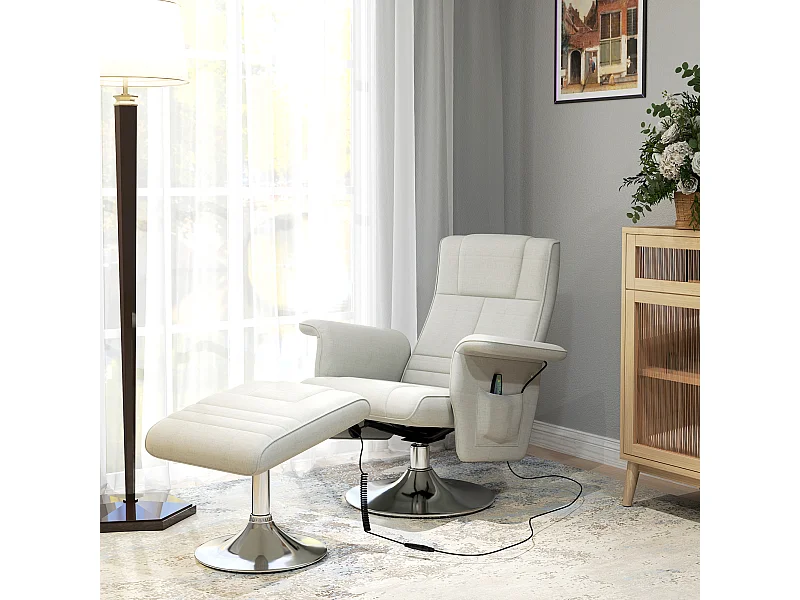 Fauteuil relax tissu Massage 8 punti inclinabile 135° con repose-pieds crème 78x95x88 cm