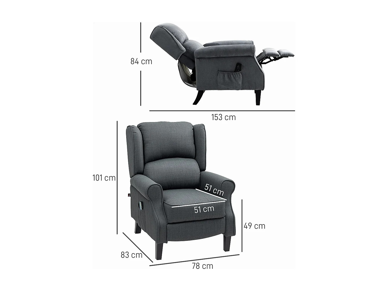 Poltrona TV Relax Massagem com Aquecimento Couro Sintético Cinza Escuro para Sala de Estar 78x83x101 cm