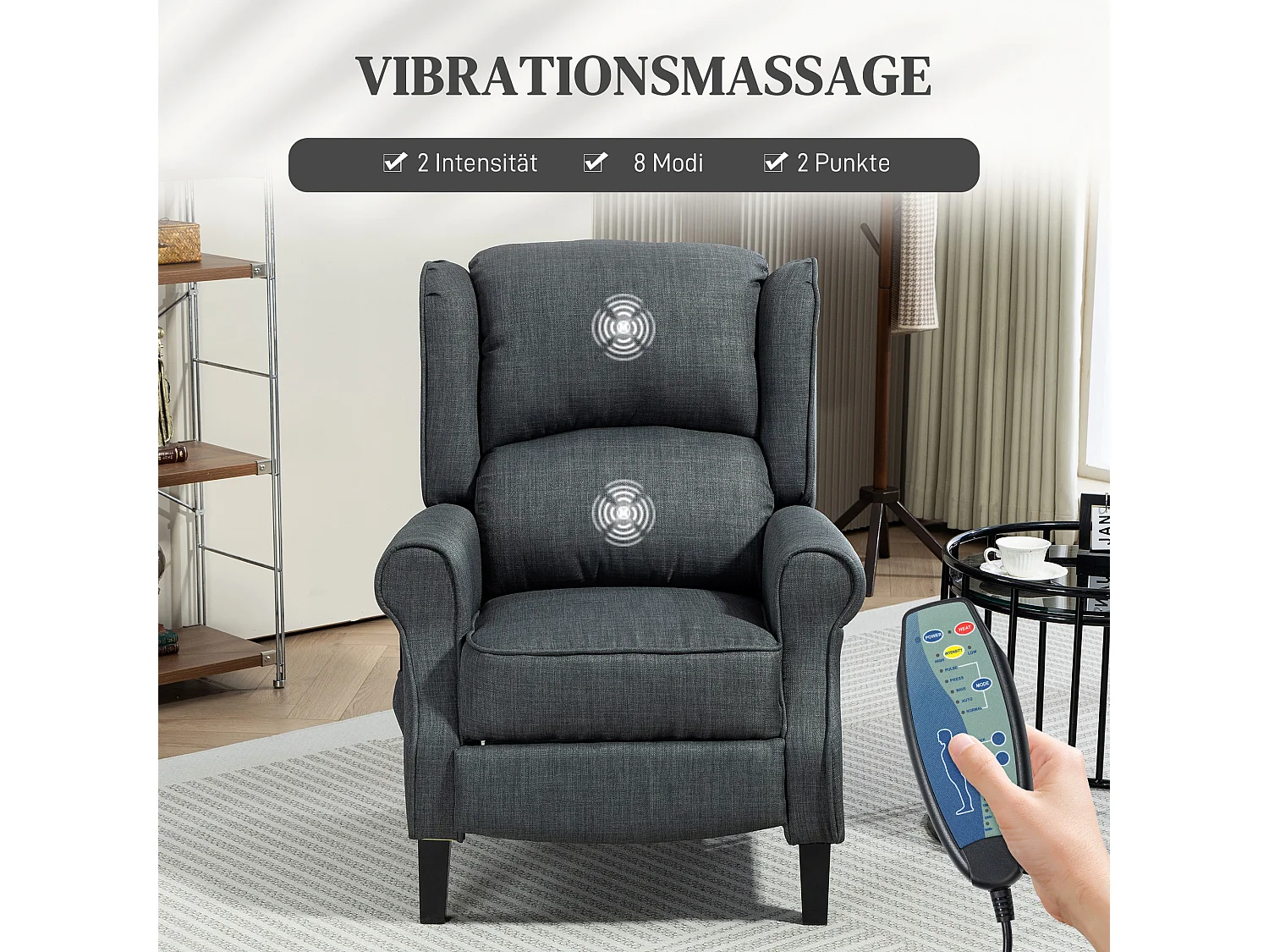 Poltrona TV Relax Massagem com Aquecimento Couro Sintético Cinza Escuro para Sala de Estar 78x83x101 cm