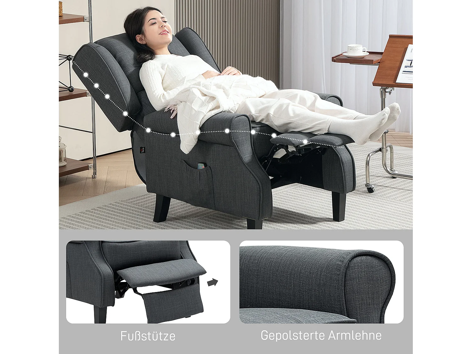 Poltrona TV Relax Massagem com Aquecimento Couro Sintético Cinza Escuro para Sala de Estar 78x83x101 cm