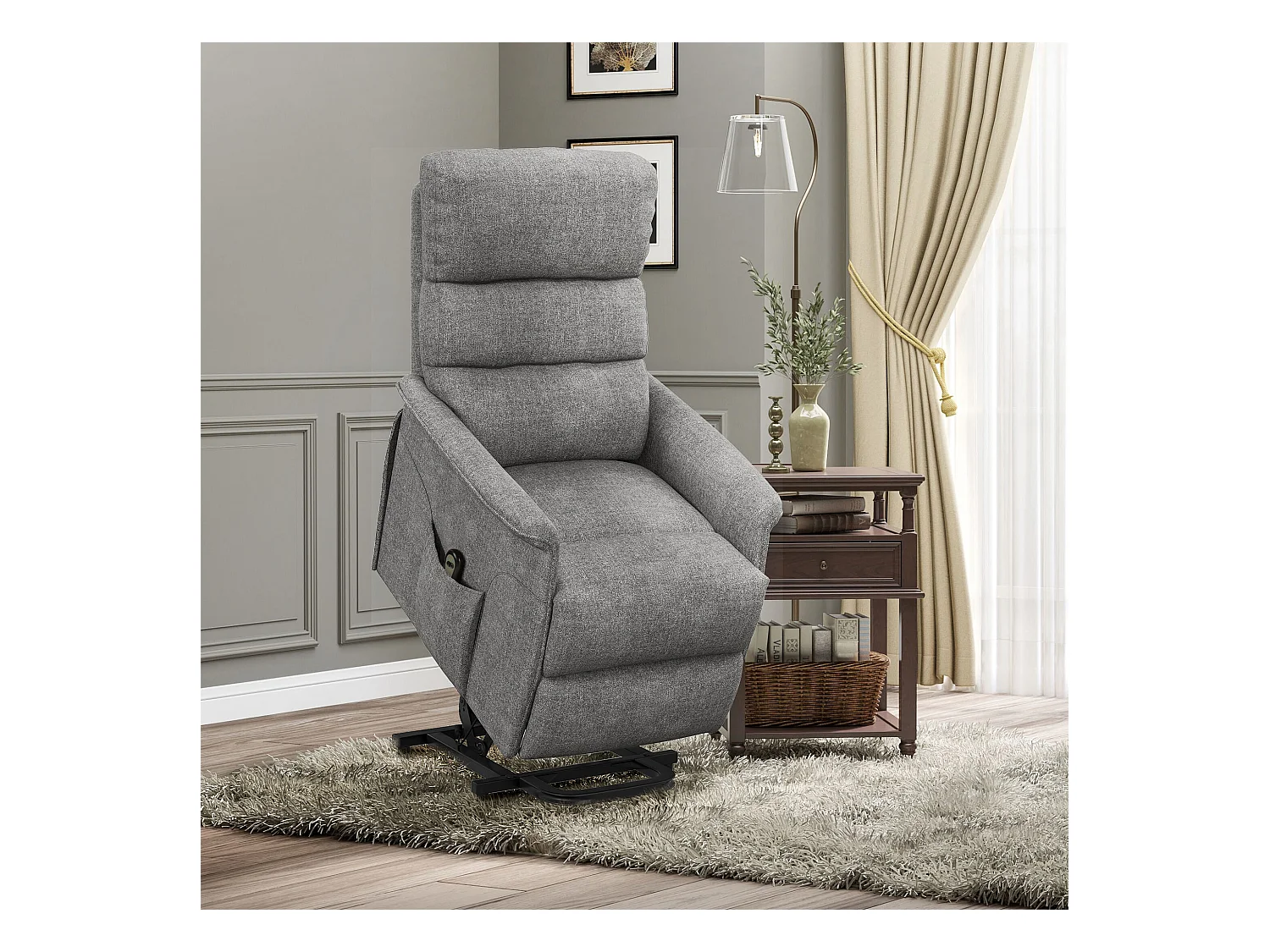 Poltrona elevatória elétrica em tecido de linho, inclinação de 135°, com controle remoto, 66x90x96 cm, cinza