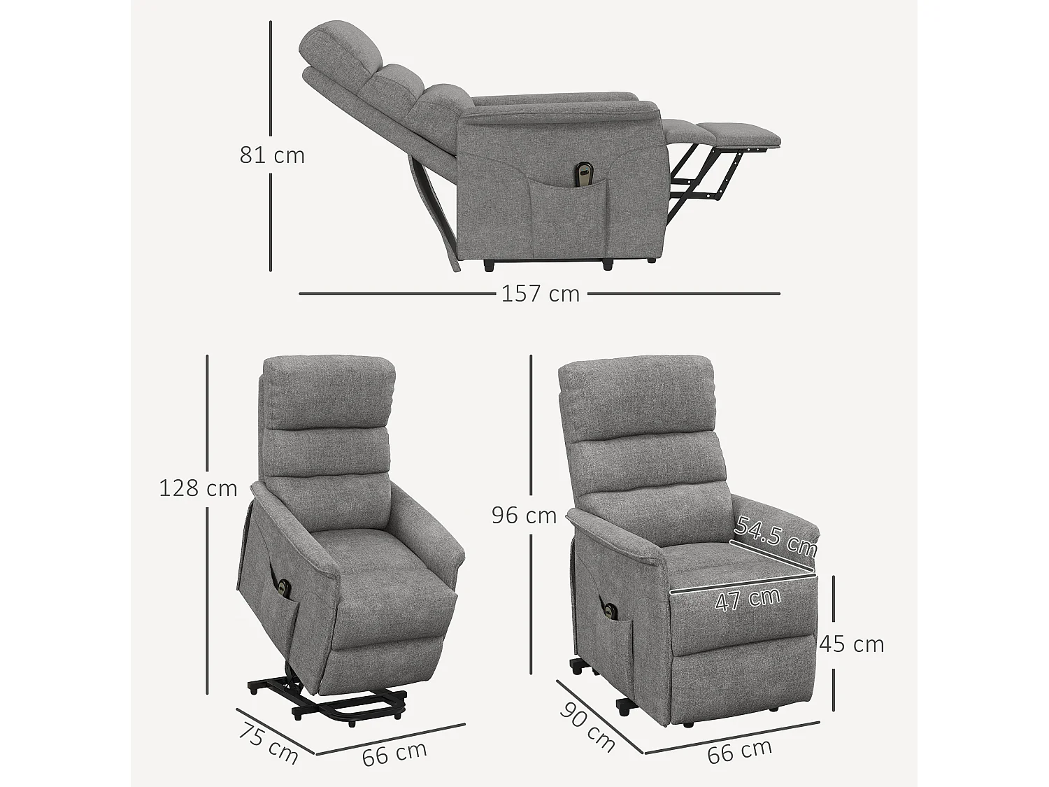 Fauteuil releveur électrique tissu lin inclinable 135° con télécommande 66x90x96 cm grigio