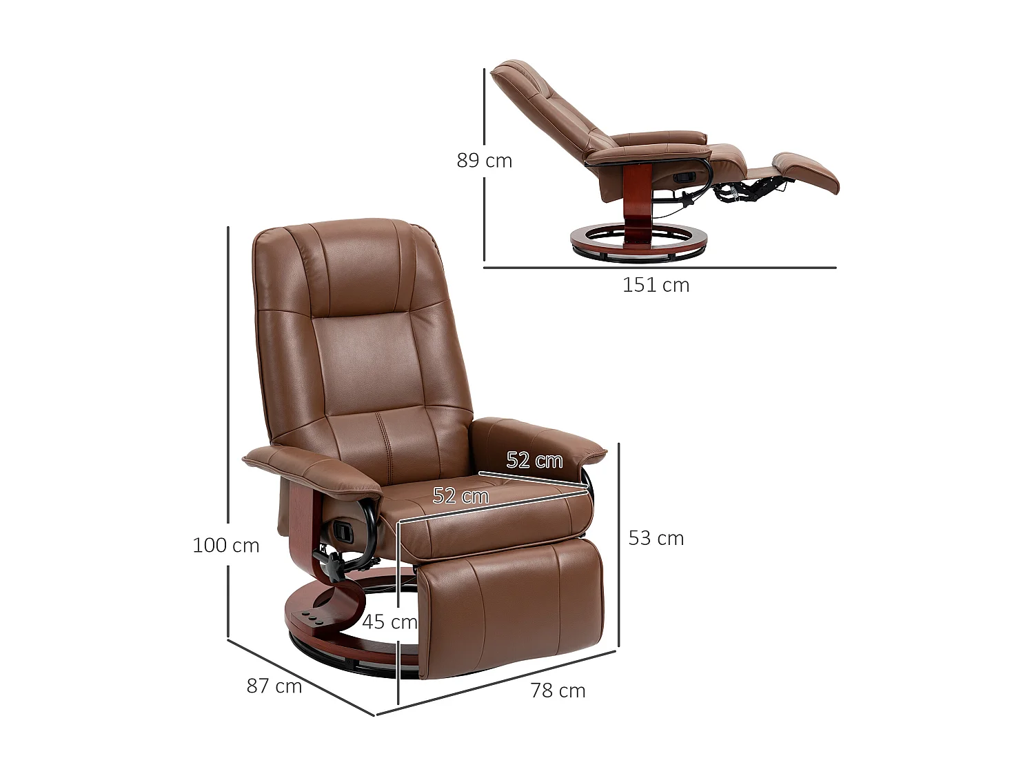 Fauteuil relax pivotant cuir synthétique inclinabile 145° con repose-pieds 78x87x100 cm