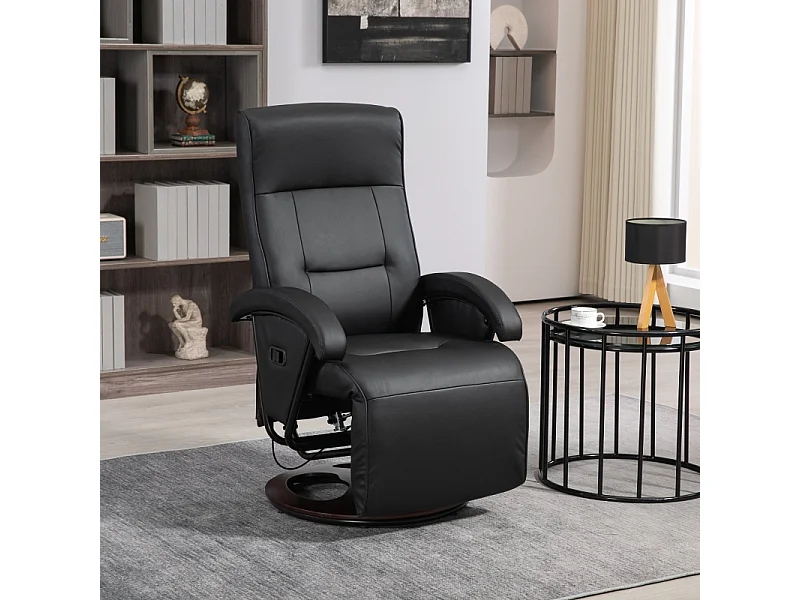 Fauteuil Relax Pivotant en Cuir Synthétique avec Repose-Pieds, Base en Bois, Inclinaison Réglable, Salon et Bureau, Noir, 66 x 86 x 107 cm